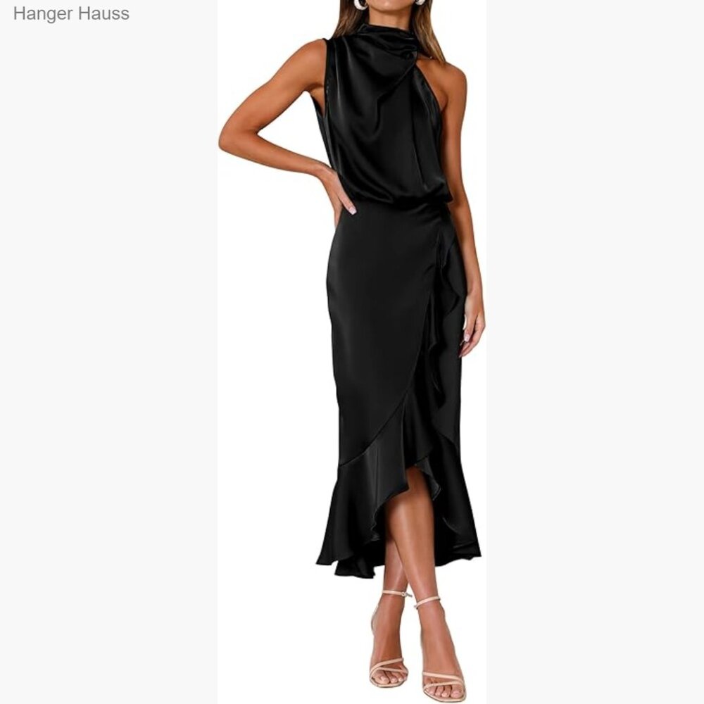 Satin Mock Neck Wrap Midi Dress Sleeveless Cocktail Formal Wedding Guest